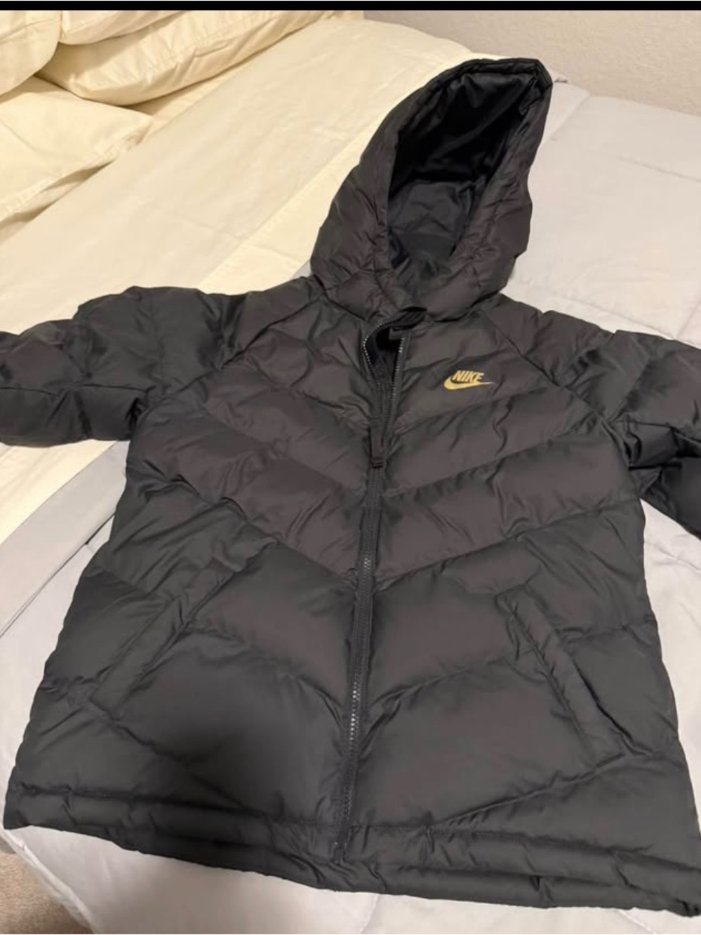 Nike Kids Black Hooded Puffer Jacket with Gold Logo